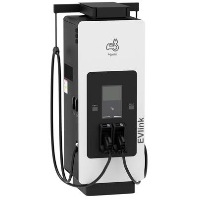 Elektroauto-Ladestation mit Digitalanzeige, zwei Ladesteckern und Logo eines Energieunternehmens oben auf der Vorderseite.