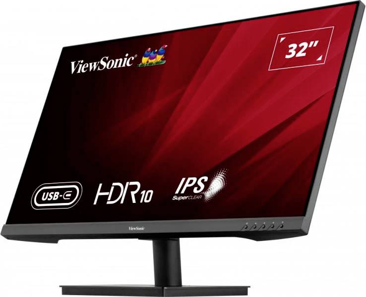 'ViewSonic 32"-Monitor mit USB-C, HDR10, und IPS-Technologie. Bildschirm zeigt Logo und Spezifikationen auf rotem Hintergrund.'