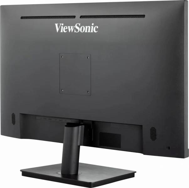 Ein Monitor der Marke ViewSonic, Rückansicht, zeigt den Standfuß und die Rückabdeckung mit VESA-Halterung, geeignet für Büroeinrichtungen.