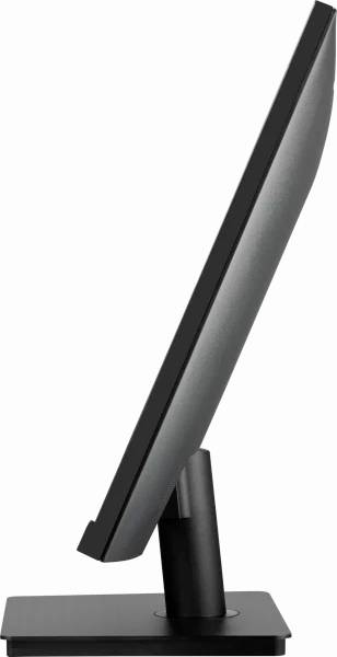 Seitliche Ansicht eines schwarzen Flachbildmonitors auf einem rechteckigen Standfuß vor weißem Hintergrund.