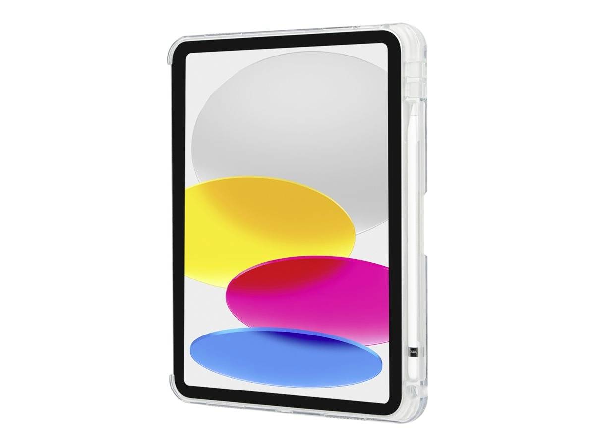 Ein Tablet mit transparentem Schutzcase zeigt ein buntes Bildschirmhintergrundbild mit vier großen, übereinanderliegenden Kreisen in Grau, Gelb, Pink und Blau.