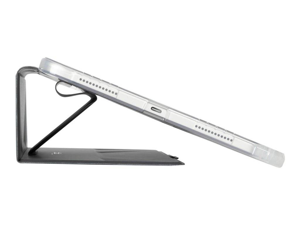 Ein Tablet in einer schrägen Position auf einem Ständer, zeigt seitlich die Anschlüsse und Lautsprecher.