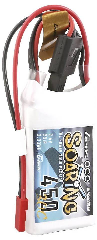 'Akkupack für Modellbau: LiPo, 7,4V, 450mAh. Rote und schwarze Kabel mit Steckverbindungen. Aufschrift: "Soaring".'