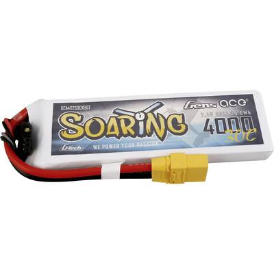 Lithium-Polymer-Akku für Modellflugzeuge, 4000mAh, 30C, 7,4V. Weiße Verpackung mit gelbem Anschlussstecker und roten Kabeln.