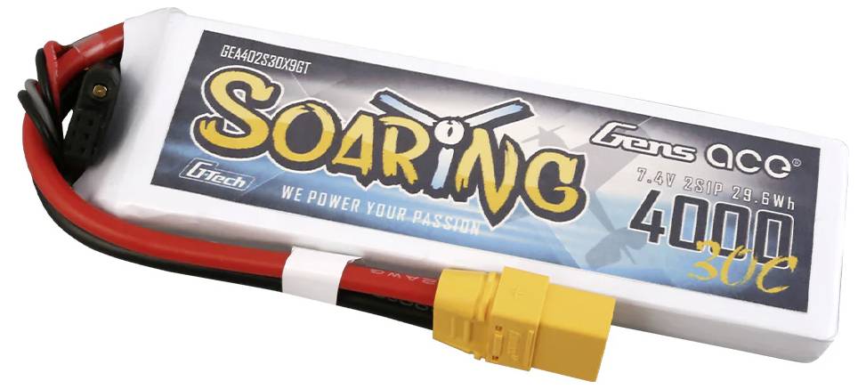 Ein 'Gens Ace Soaring' LiPo-Akku, 4000mAh, 30C, 7,4V mit roten und schwarzen Kabeln sowie gelbem Stecker.