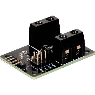 Ein schwarzes Elektronikmodul mit mehreren Anschlussstiften und zwei schwarzen Steckverbindern, auf einer Leiterplatte montiert.