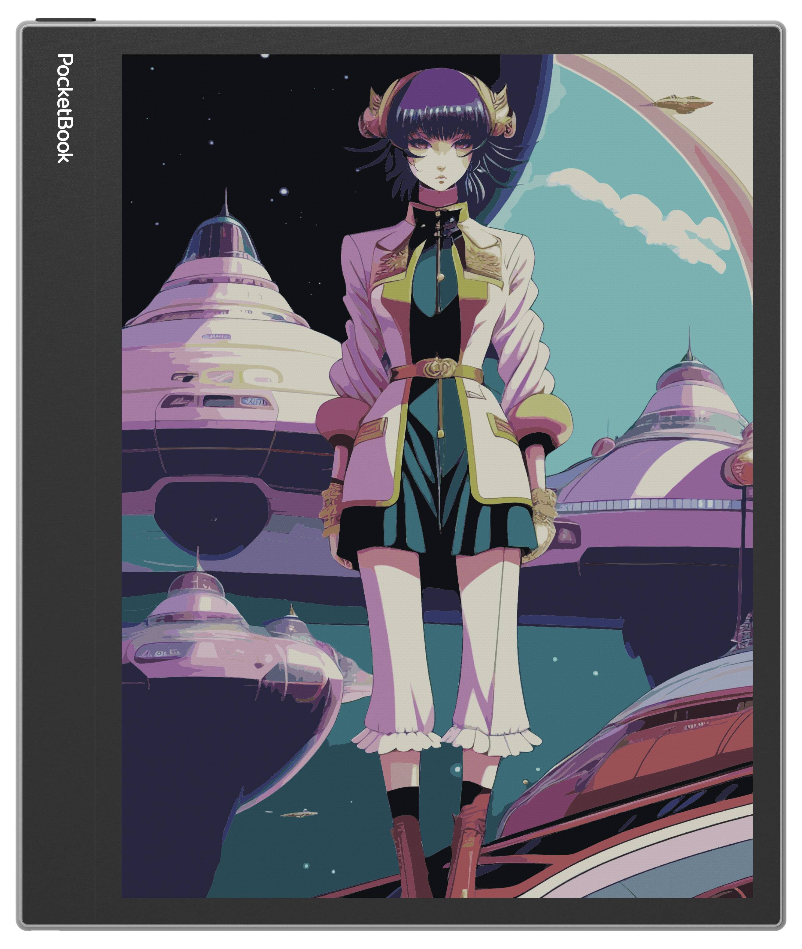 Eine futuristische Figur in weißem Anzug und Helm steht vor einer Kulisse mit Raumschiffen und Planeten, die an Science-Fiction erinnert.