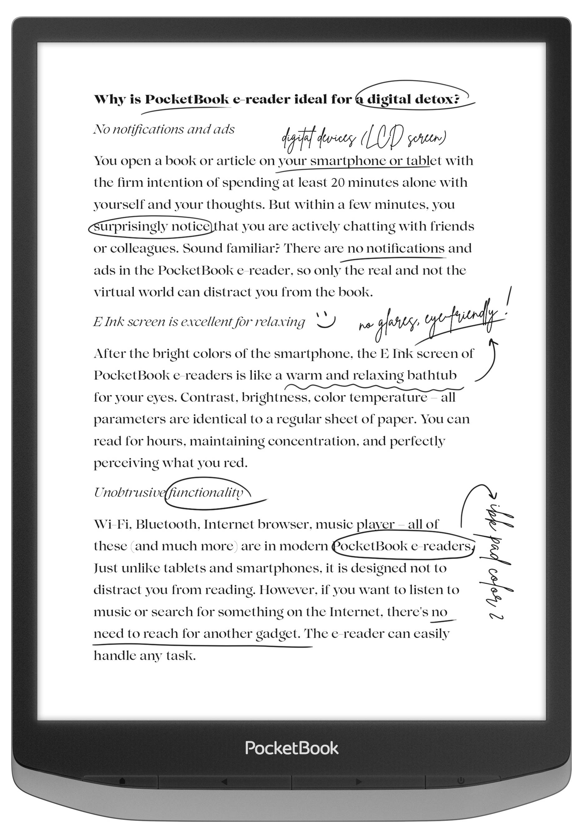 Ein E-Book-Reader zeigt einen Text mit handschriftlichen Anmerkungen. Die Notizen heben Vorteile des Geräts für digitale Entspannung hervor.