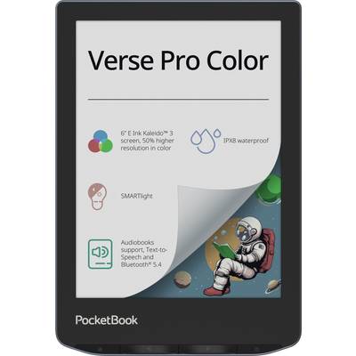E-Reader mit 6" Farb-E-Ink-Display, wasserdicht (IPX8), SMARTlight-Funktion, Hörbücher-Unterstützung. Astronaut-Grafik auf dem Bildschirm.