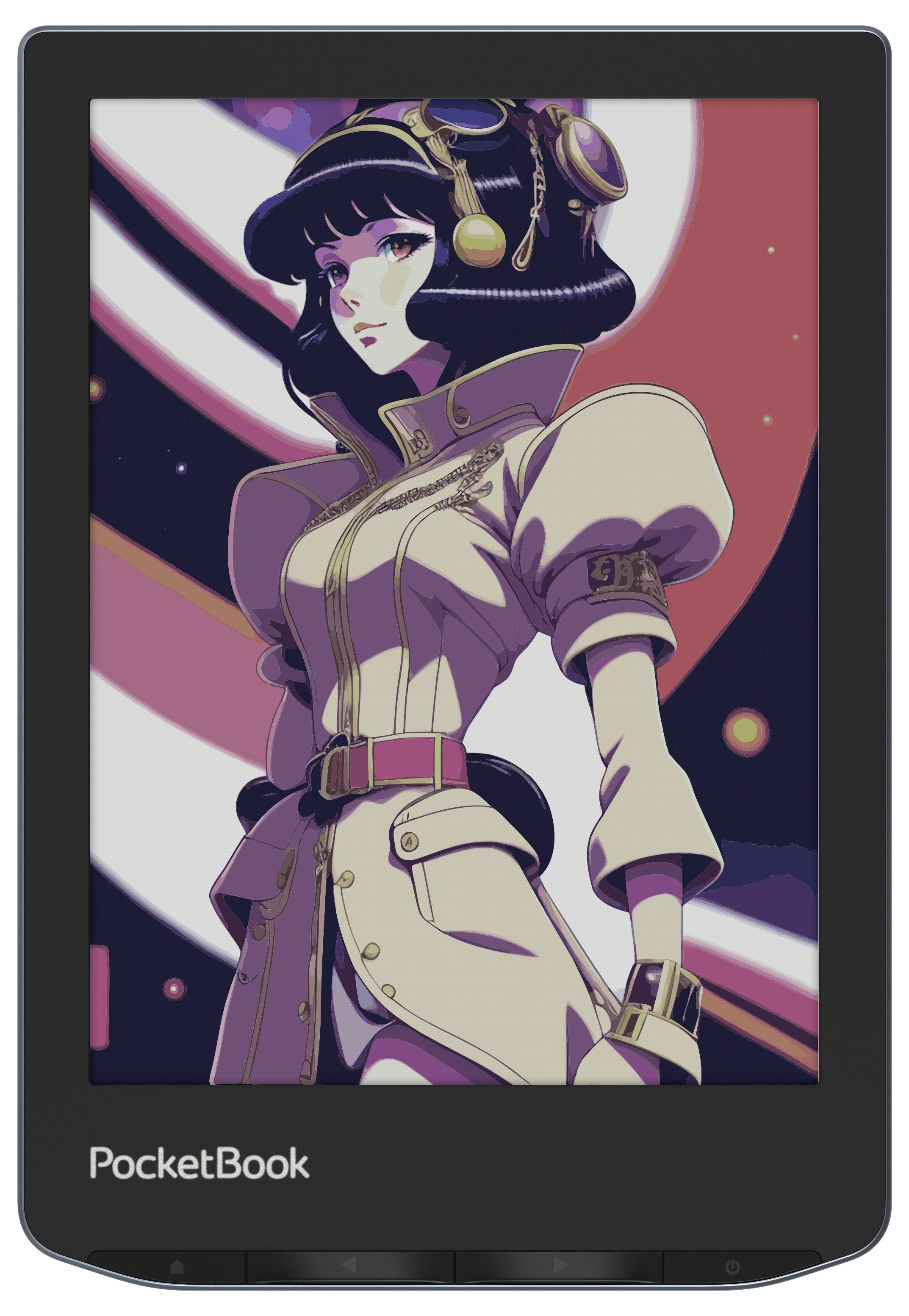 Elektronisches Lesegerät mit farbigem Display, zeigt eine stilisierte Zeichnung einer Frau mit futuristischer Kleidung und Kopfhörern.