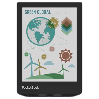 Ein E-Book-Reader zeigt eine Grafik mit einer Weltkarte, Windturbinen und dem Text 'Green Global'. Symbole zeigen 25%, 75% an.