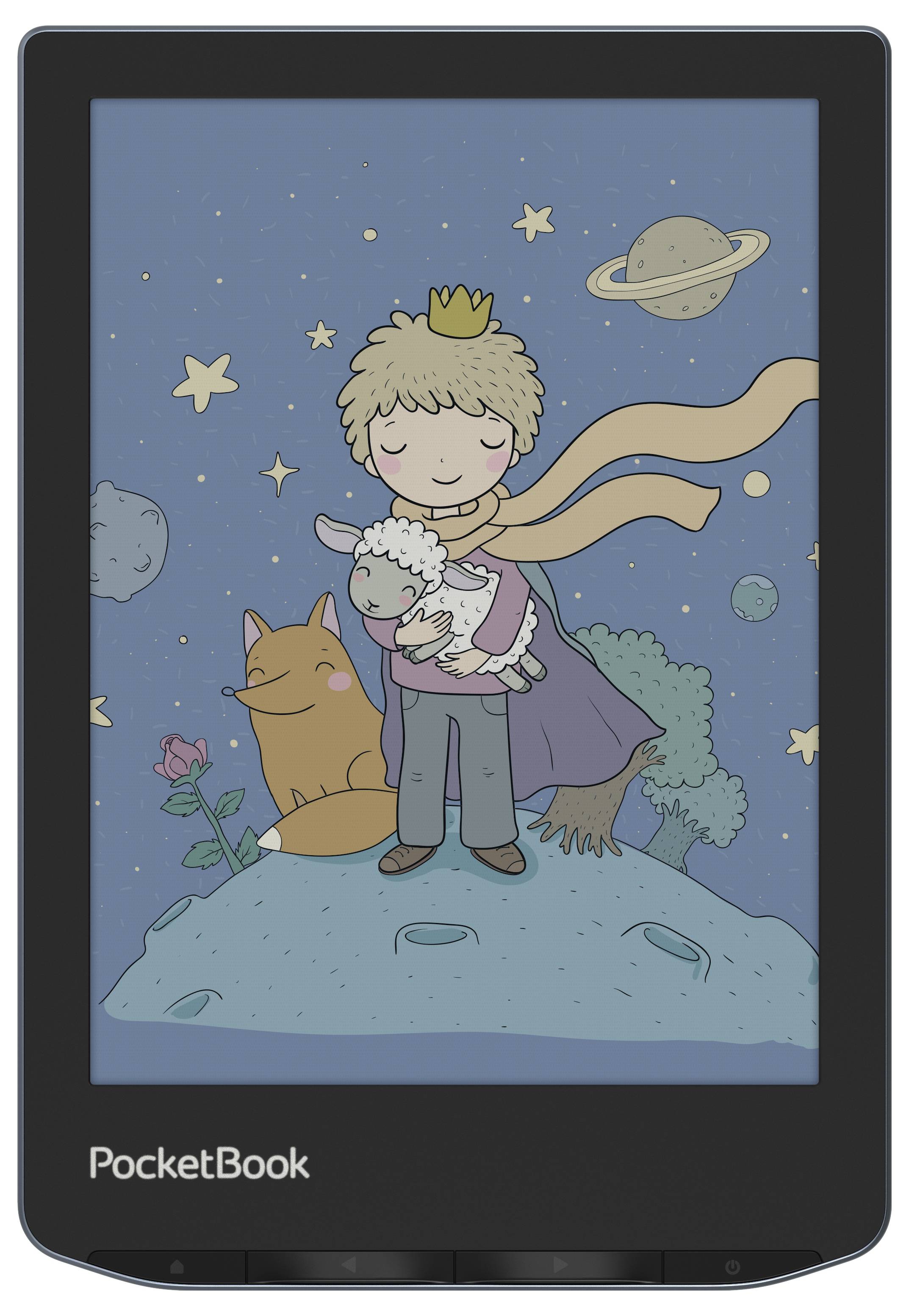 Ein Junge mit einer Krone und einem Schal hält ein Schaf auf einem kleinen Planeten. Neben ihm sitzt ein Fuchs; im Hintergrund Planeten und Sterne.