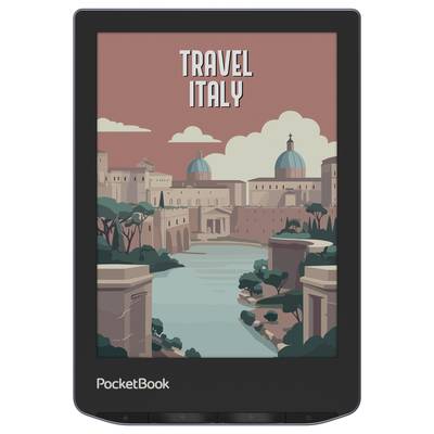 Illustration eines E-Readers mit einer historischen Stadtansicht und dem Text 'Travel Italy'.