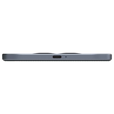 Die Unterseite eines modernen Smartphones in Dunkelgrau mit einem USB-C-Anschluss in der Mitte und einem kleinen Punkt daneben.