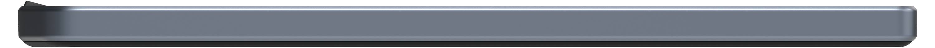 Glänzender, rechteckiger, metallischer Gegenstand in Grau mit schwarzem Rand.