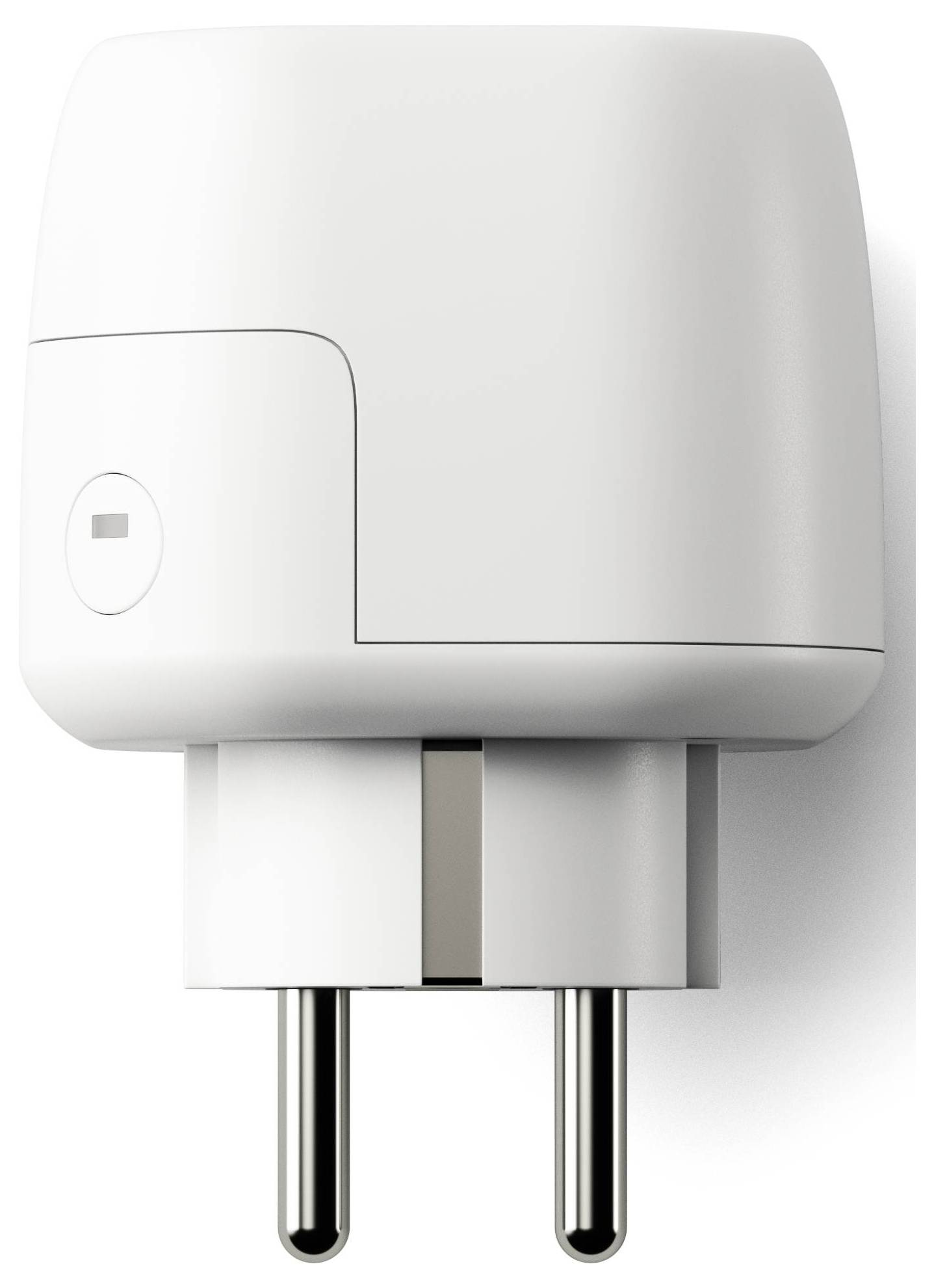 Weißer, rechteckiger Steckdosenadapter mit zwei runden Steckern, seitlicher Einschaltknopf.