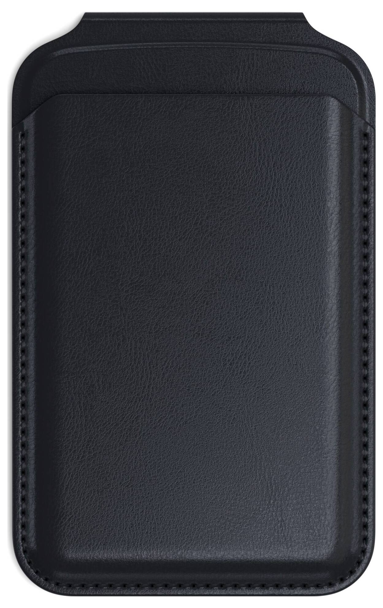 Schwarzes Lederetui für ein Mobiltelefon, rechteckige Form mit genähten Rändern und glatter Oberfläche.