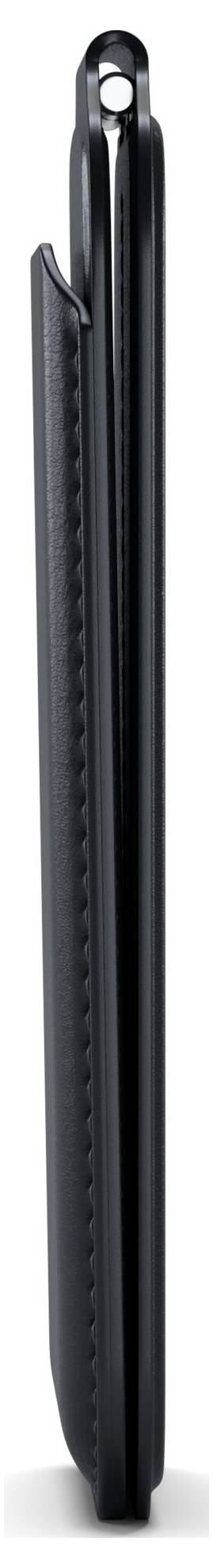 Schwarzes, schlankes Smartphone-Cover im Profil, zeigt schützendes Design mit Öffnung für Kameralinsen und Knopfaussparungen.