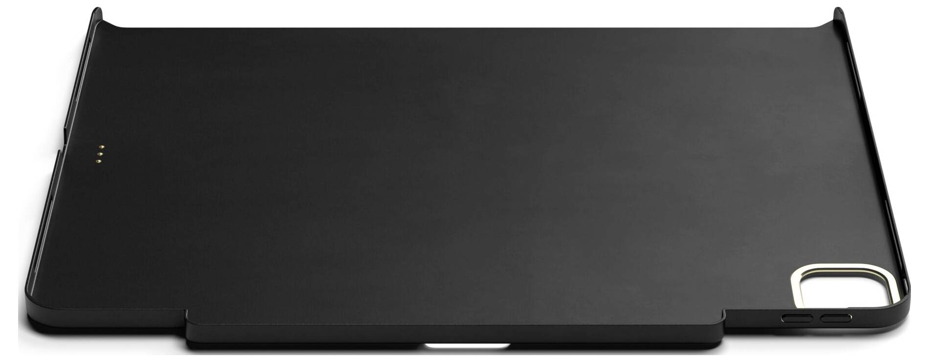 Schwarzes, rechteckiges Zubehörteil mit Kameraloch, kompatibel mit Tablets. Liegt flach, mit Magnetanschlüssen sichtbar.