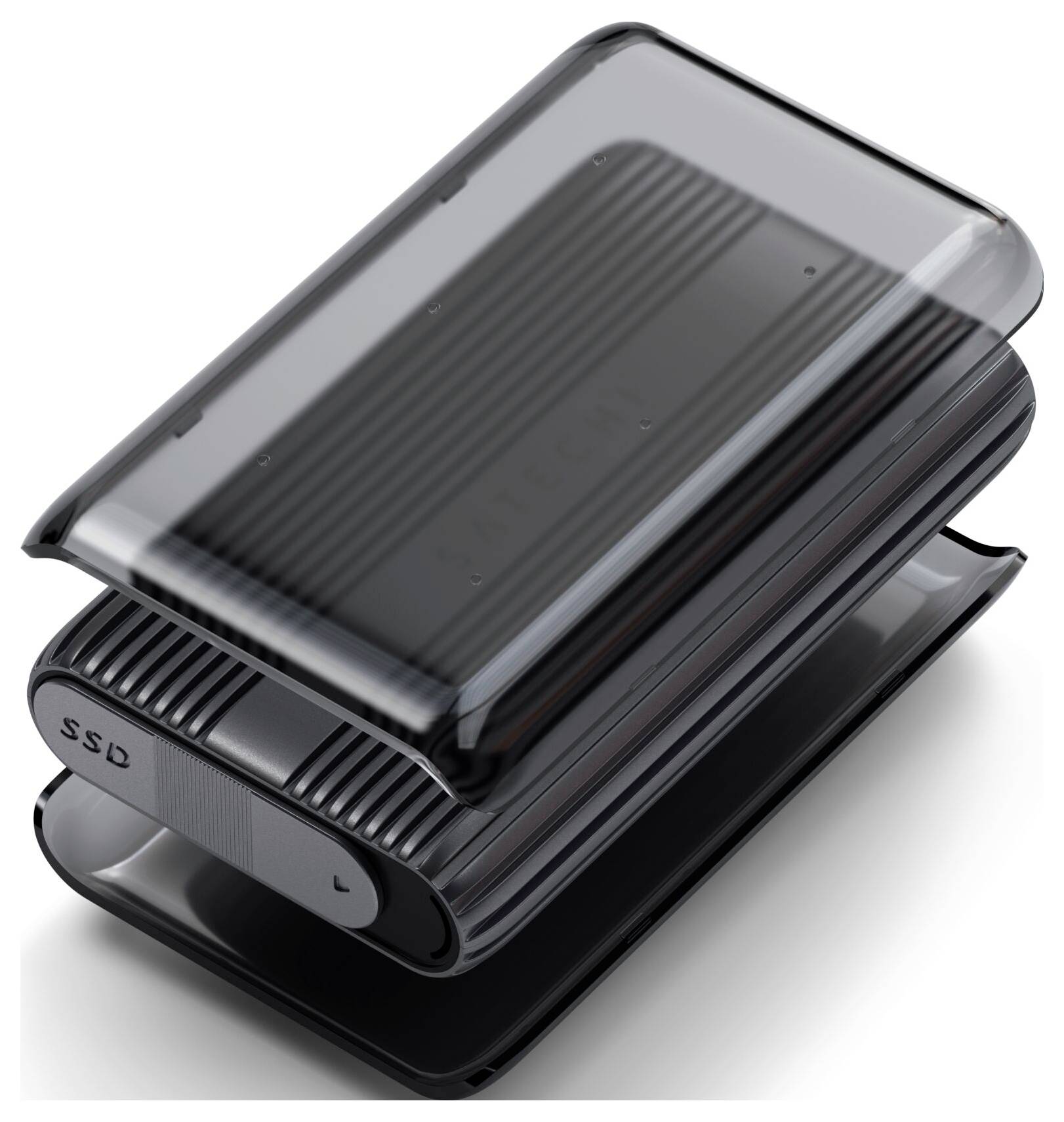 Eine kleine, schwarze tragbare SSD mit transparentem Gehäuse, das einen Blick auf die Hardware im Inneren ermöglicht.