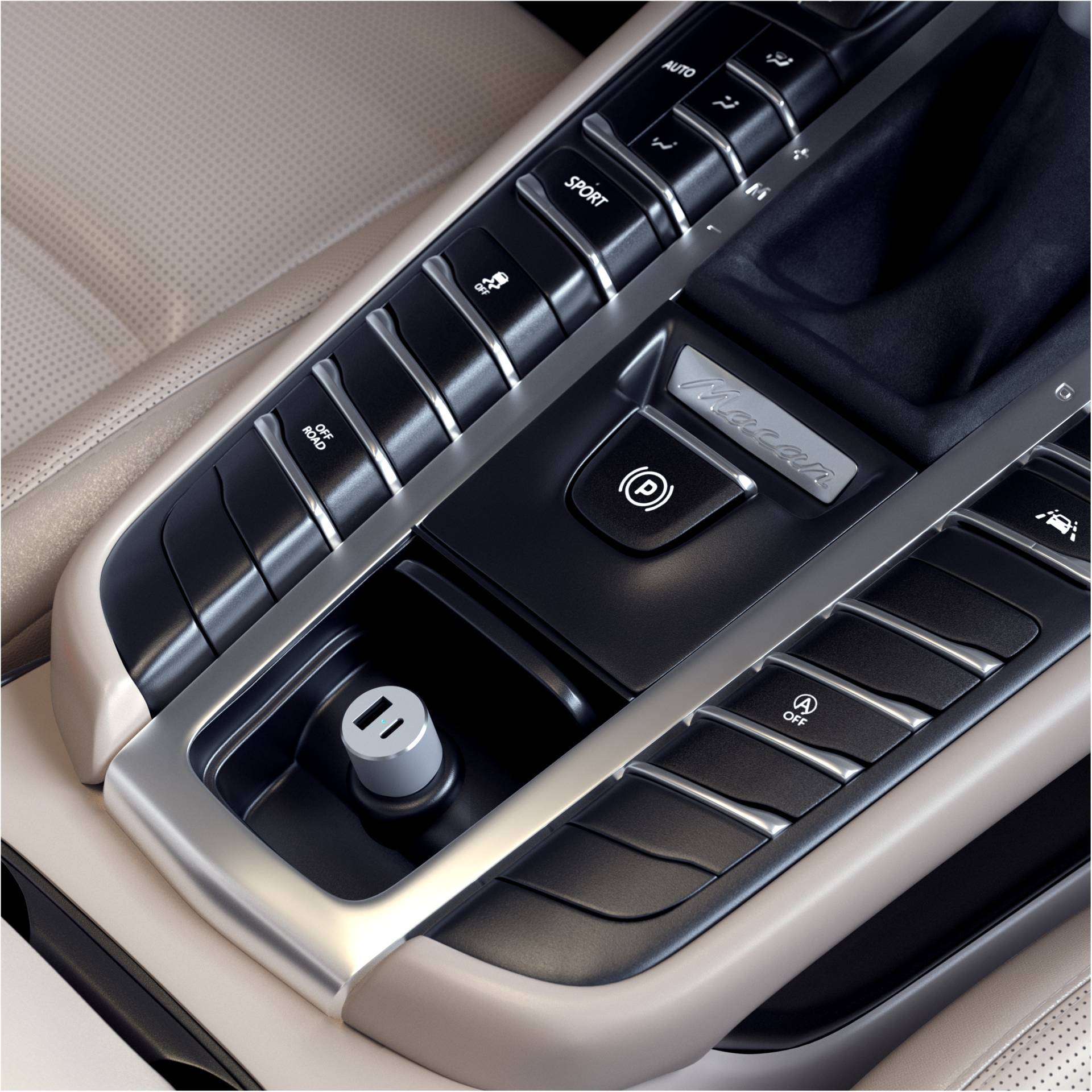 Mittelkonsole eines Fahrzeugs mit verschiedenen Knöpfen und einem Drehknopf. Funktionen wie 'Sport' und andere Fahrmodi sind erkennbar.