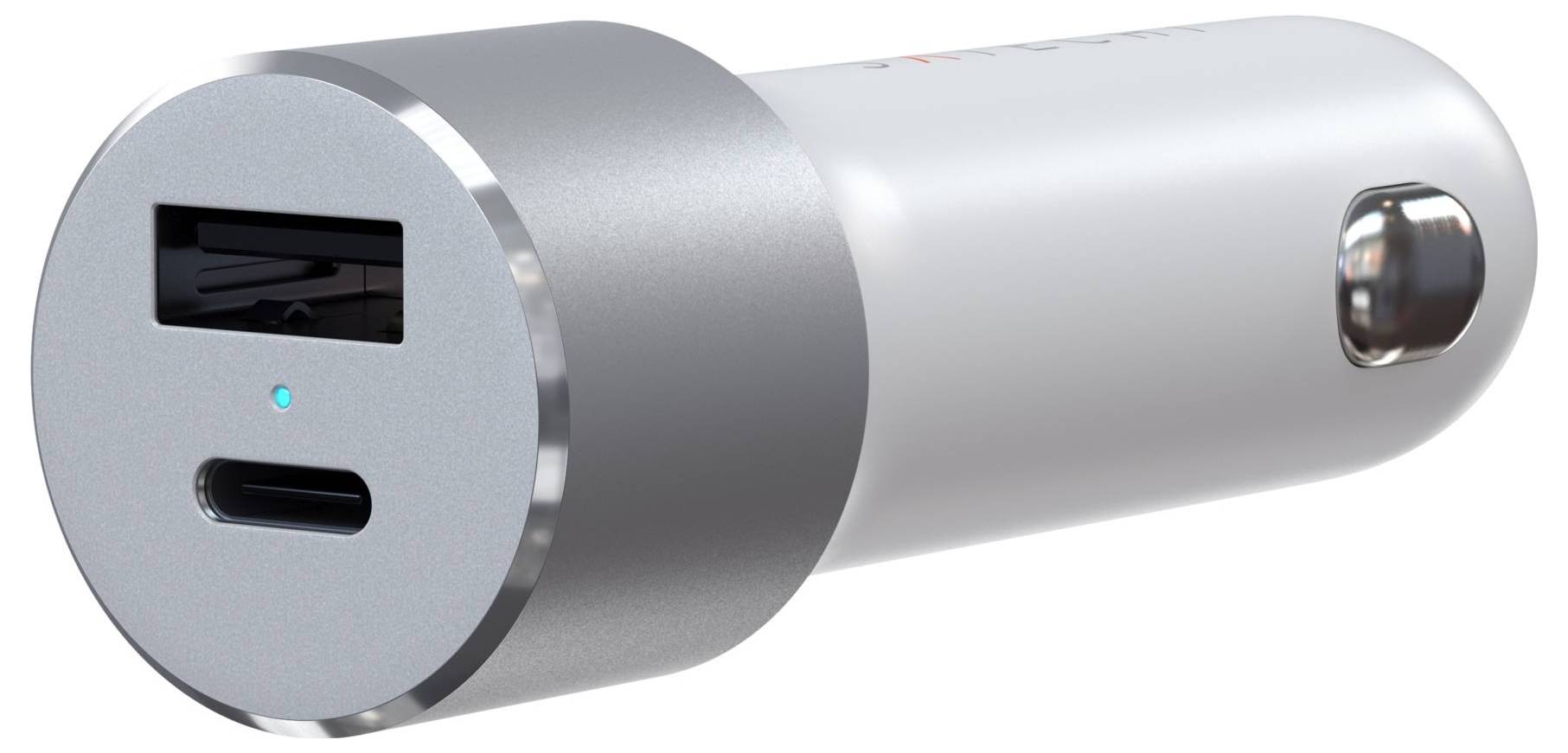 'Silbernes Auto-Ladegerät mit USB- und USB-C-Anschlüssen, seitliche Betrachtung. Ideal zum Aufladen mobiler Geräte unterwegs.'