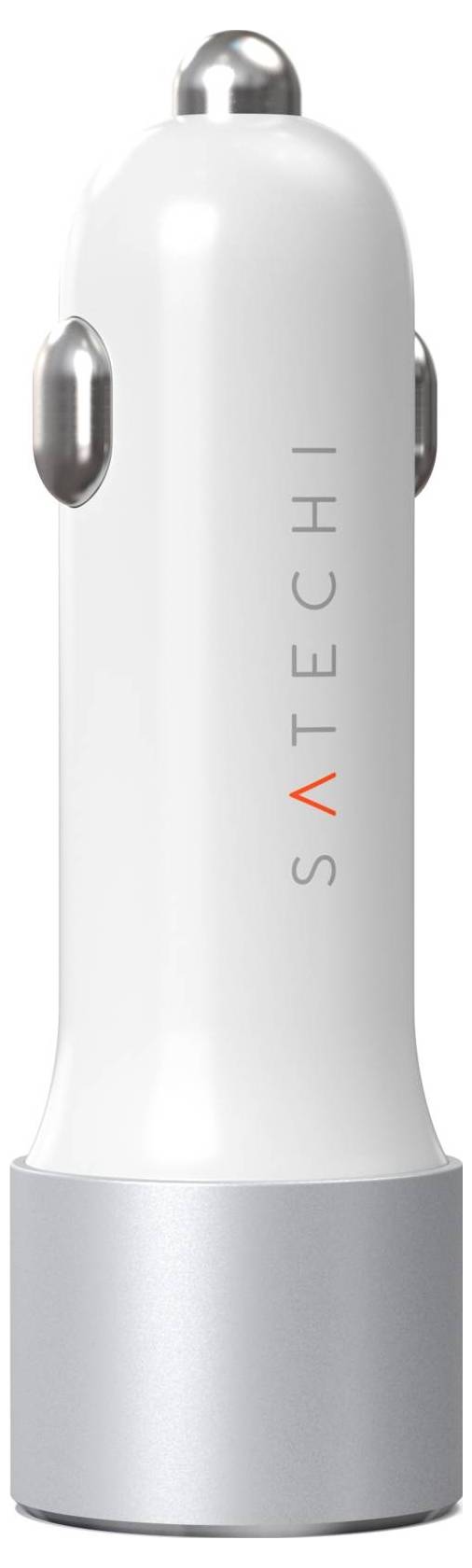 Weißes Satechi-Autoladegerät mit silbernem Akzent, kompakt und minimalistisch im Design.