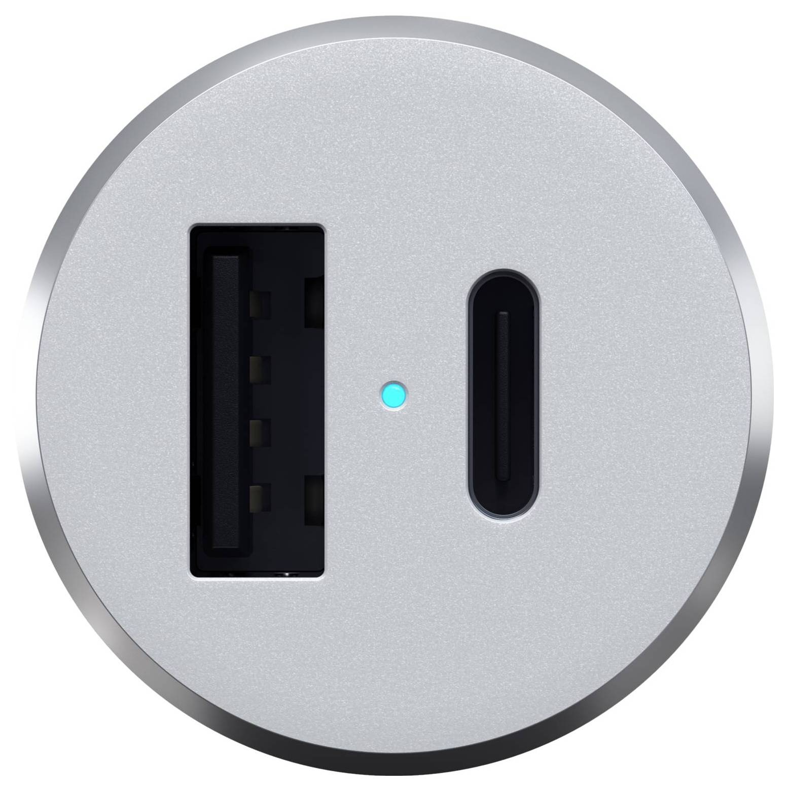 Runder silberner Adapter mit USB-A- und USB-C-Anschlüssen, sowie einer kleinen grünen Kontrollleuchte in der Mitte.