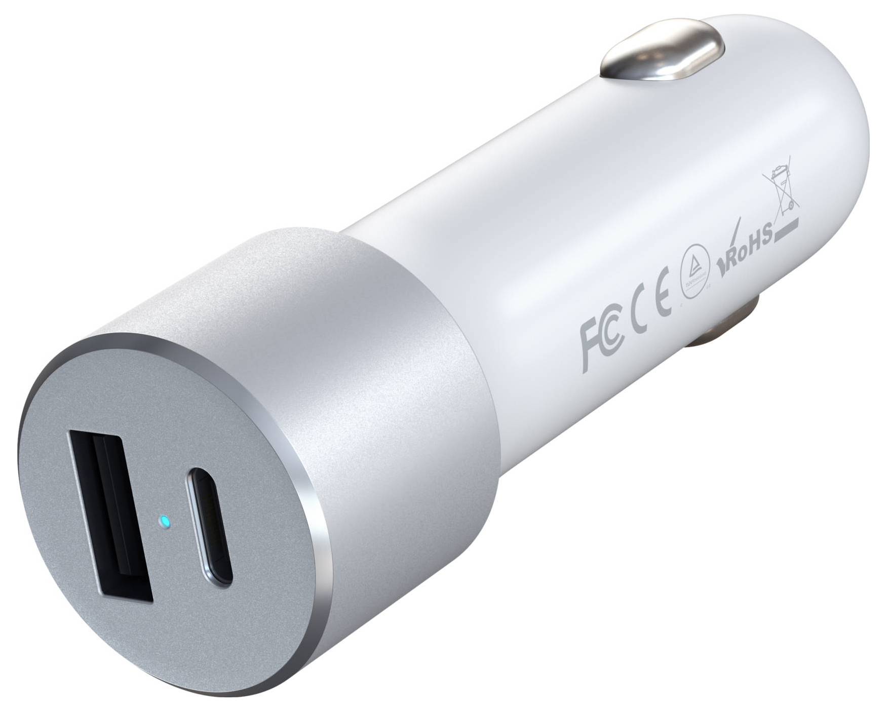 Ein USB-Autoladegerät mit zwei Ports, einem USB-A und einem USB-C-Anschluss. Auf dem silbernen Gehäuse sind Zertifizierungslogos zu sehen.