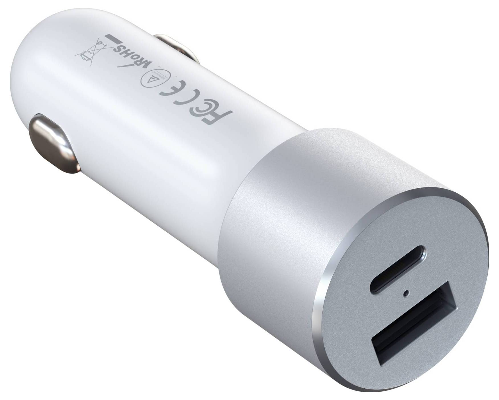 Weißer USB-Auto-Ladeadapter mit silbernem Rand, zwei Anschlussmöglichkeiten für Geräteaufladung auf Reisen oder unterwegs.