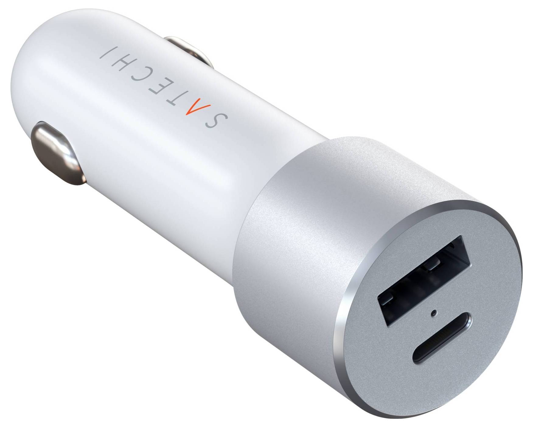 Silberner USB-A und USB-C Auto-Ladegerät-Adapter mit dem Markennamen 'Satechi' in oranger Schrift auf der Seite.