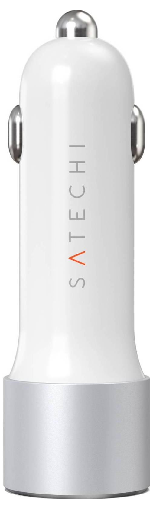Ein weißer und silberner Auto-Ladeadapter der Marke Satechi, vertikal dargestellt, mit einem schlanken Design und einem Metallring oben.