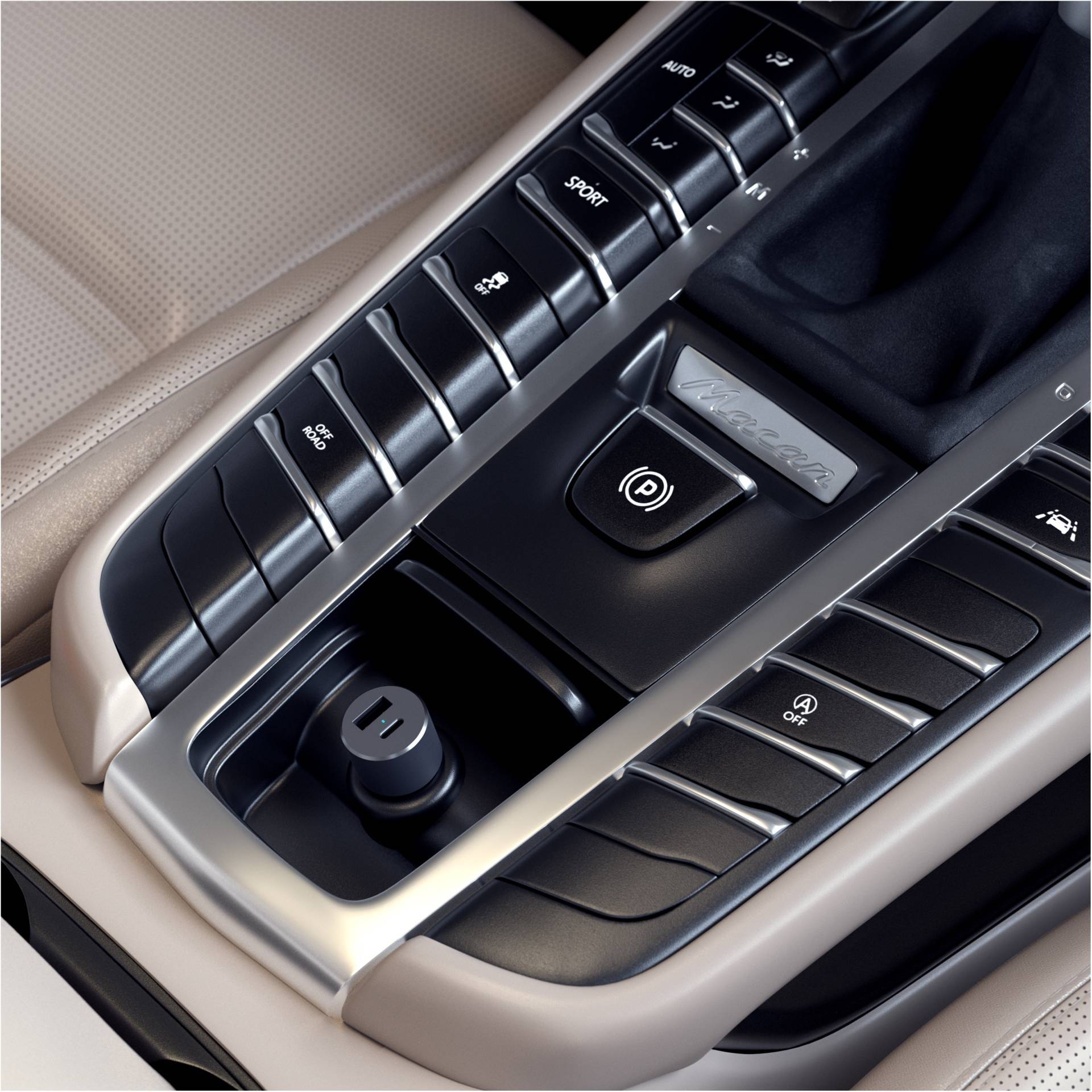 Mittelkonsole eines Autos mit mehreren Tasten, darunter Fahrmodi 'Sport' und 'Normal', sowie elektronischer Handbremsknopf.