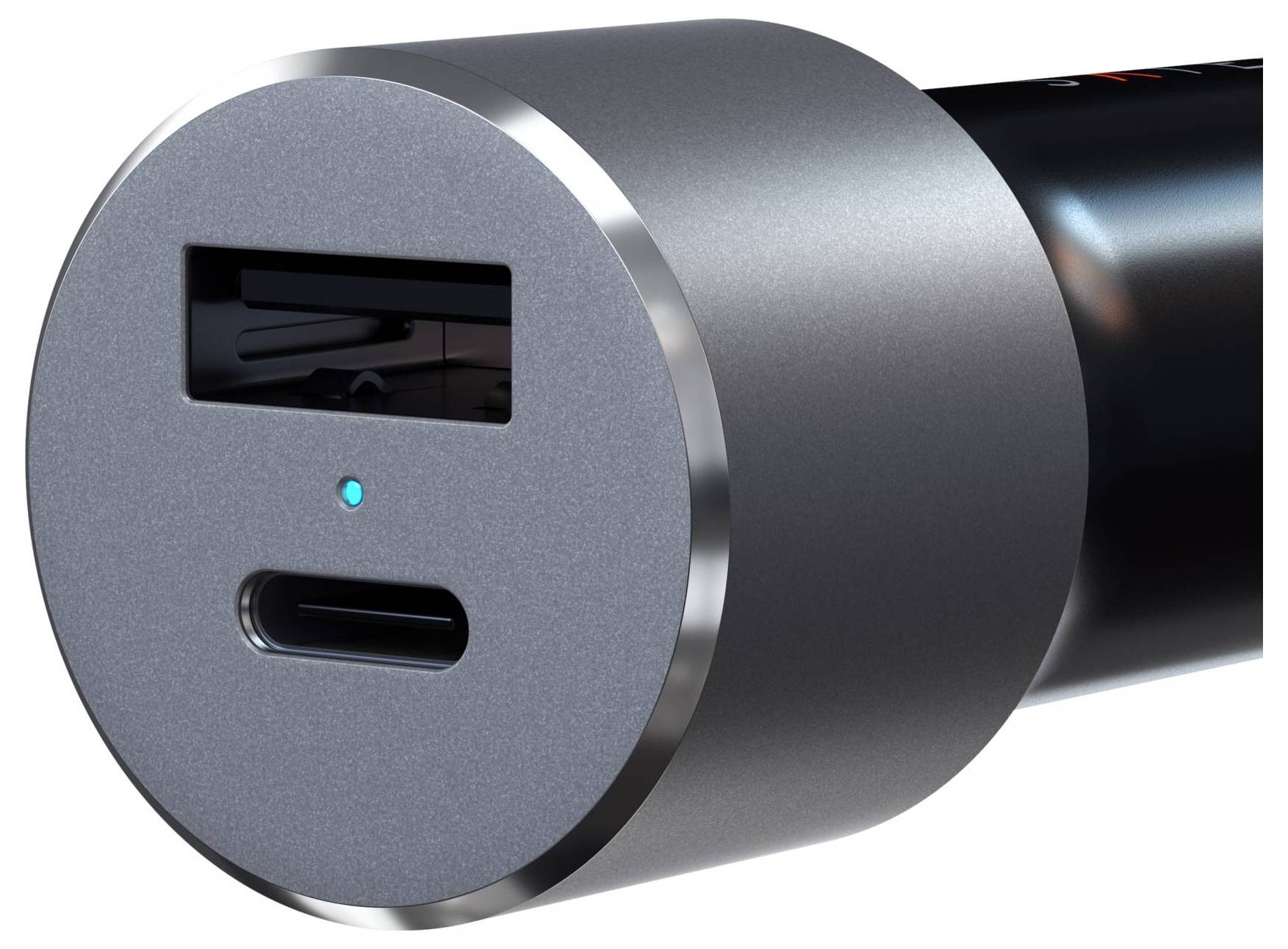 Metallischer Adapter mit USB-C- und USB-A-Anschlüssen, blaue LED-Anzeige.