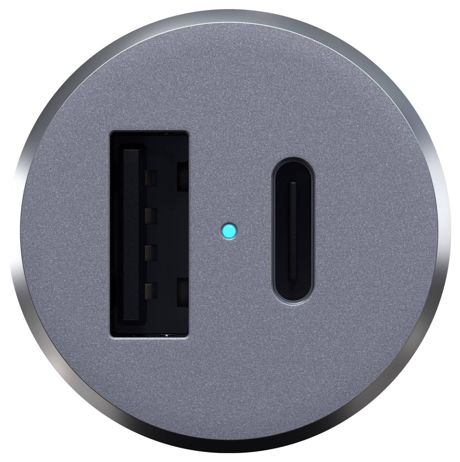 Runder Adapter mit einem USB-A-, einem USB-C-Anschluss und einer kleinen blauen LED in der Mitte, vor grauem Hintergrund.