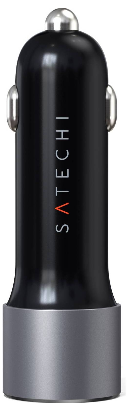 Ein schwarzes Autoladegerät mit silbernem Rand. Die Marke 'Satechi' ist in weißen Buchstaben aufgedruckt.