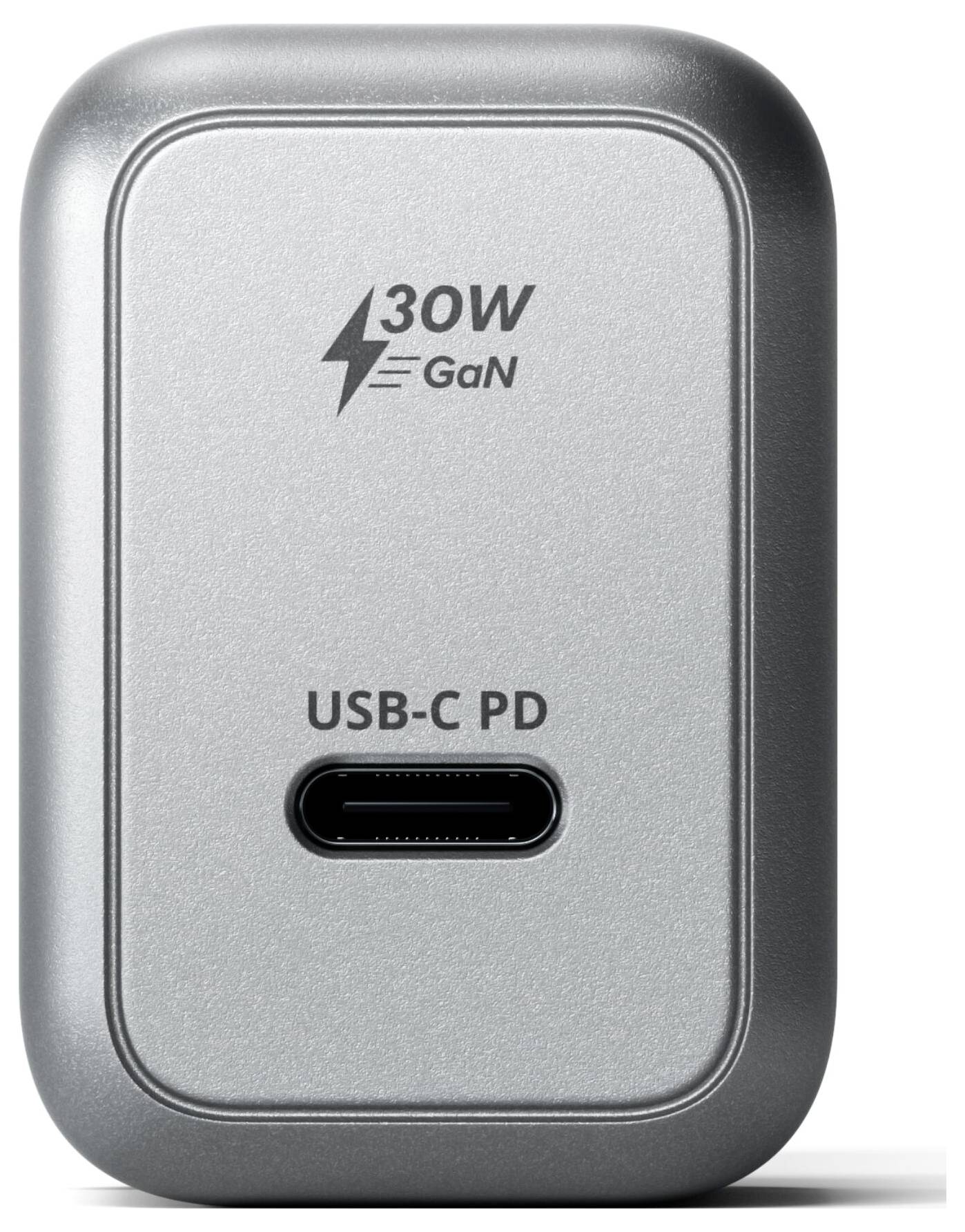 Ein silbernes USB-C-Ladegerät mit der Beschriftung '30W GaN', geeignet für schnelles Laden von Elektronikgeräten.