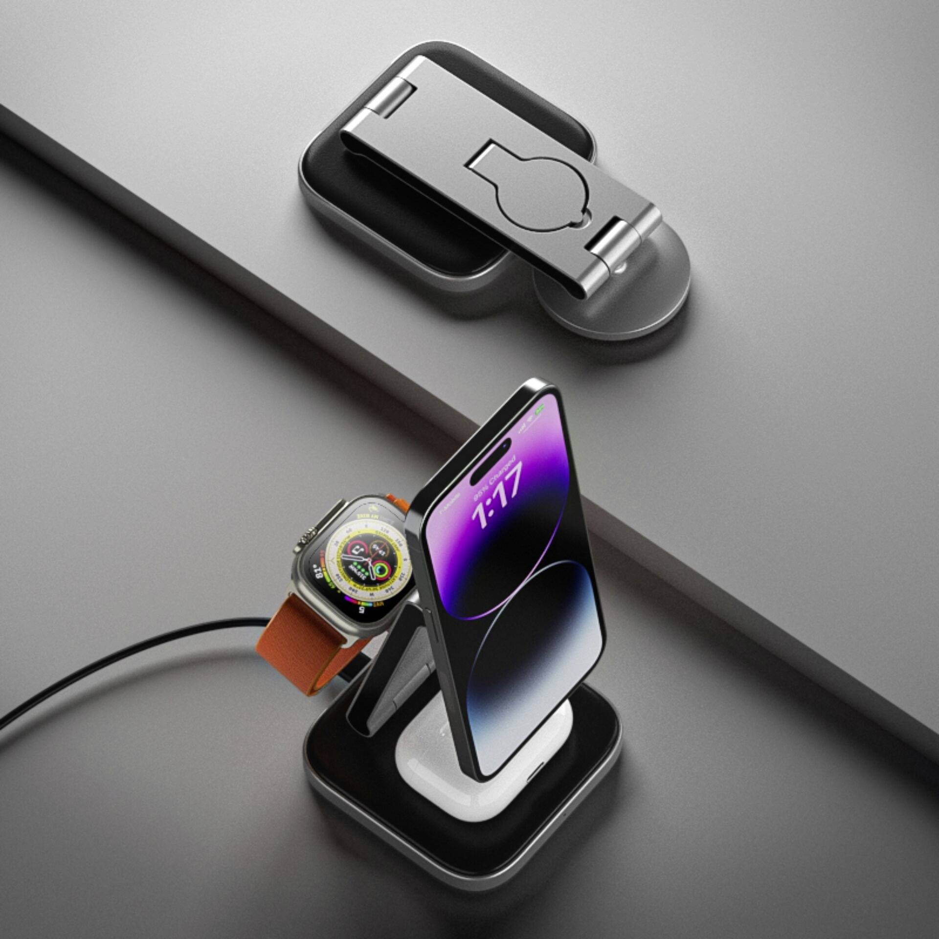 Ein Smartphone und eine Smartwatch werden auf einem modernen, drahtlosen Ladegerät aufgeladen. Das Ladegerät ist schwarz und kompakt.