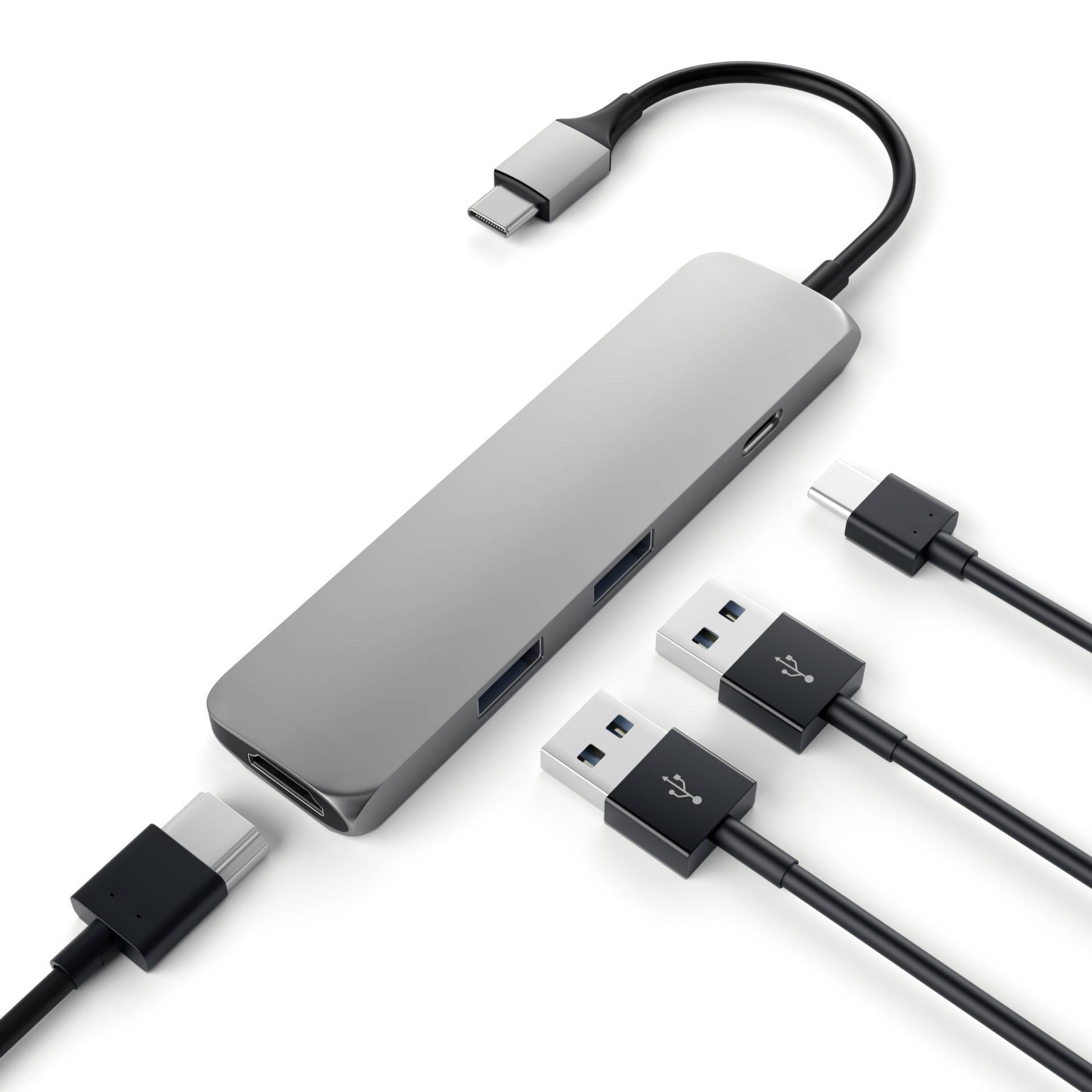 USB-C-Hub mit vier Anschlüssen: zwei USB-A, HDMI und ein USB-C-Anschluss. Verbunden mit einem USB-C-Kabel. Ideal für Laptops.