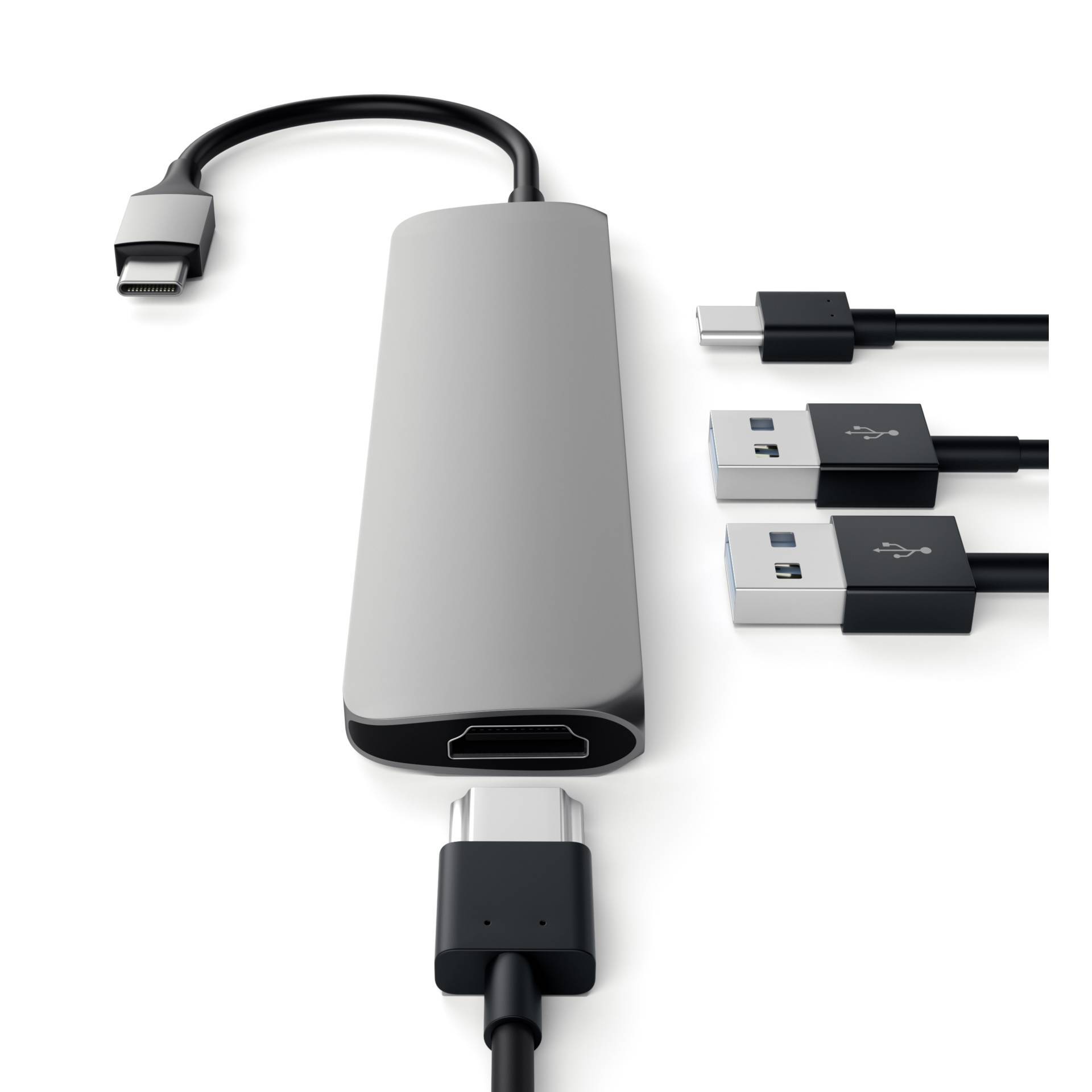 Ein USB-C-Hub mit mehreren Anschlüssen, darunter HDMI, USB 3.0 und USB-C, bietet erweiterte Konnektivitätsoptionen für Geräte.