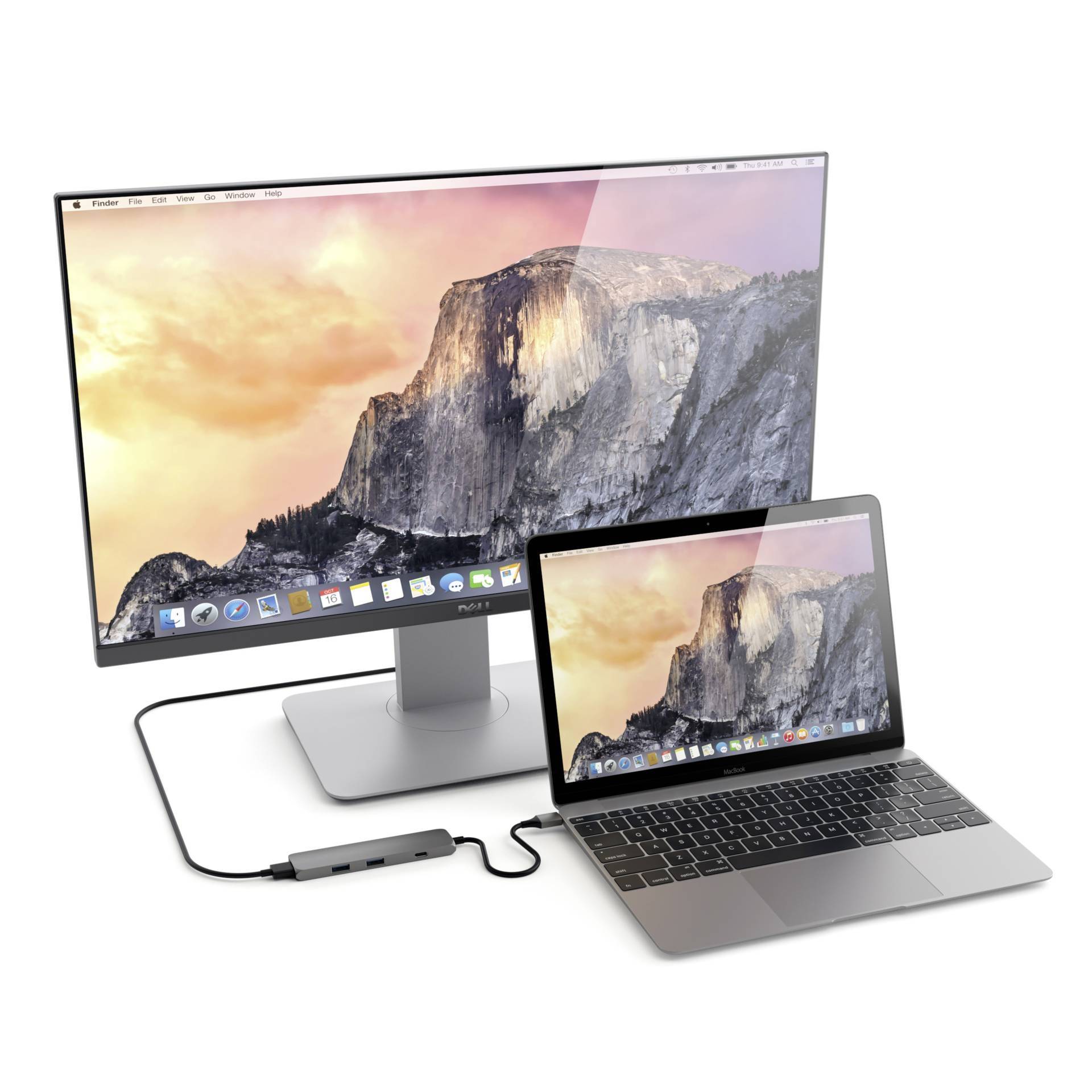 Ein Laptop und ein externer Monitor sind mit einem USB-C-Hub verbunden. Der Monitor zeigt dasselbe Hintergrundbild wie der Laptop.