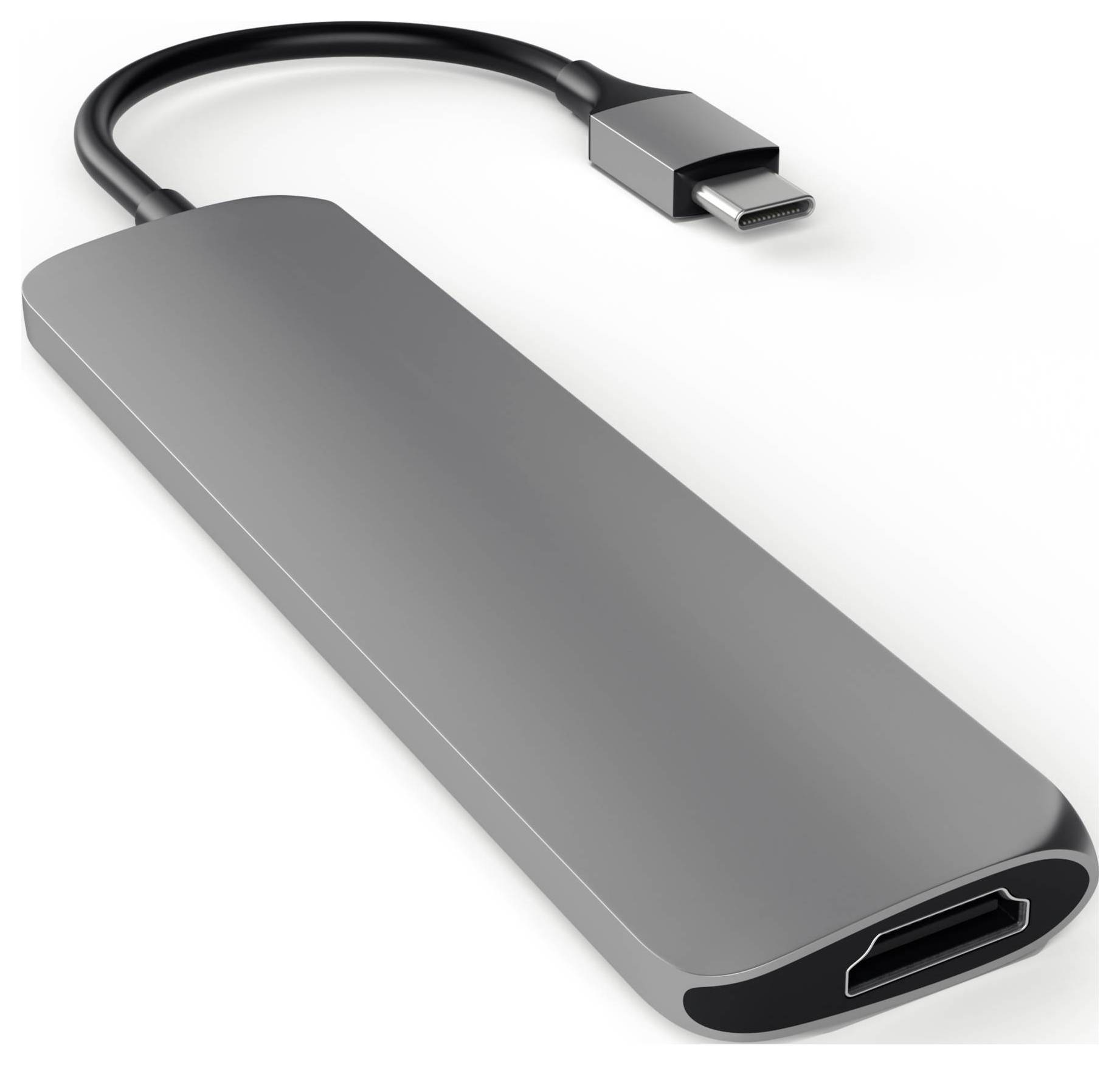 Ein kompaktes, silbernes USB-C-zu-HDMI-Adapterkabel zeigt den USB-C-Stecker und die HDMI-Buchse. Ideal für Geräteverbindung.