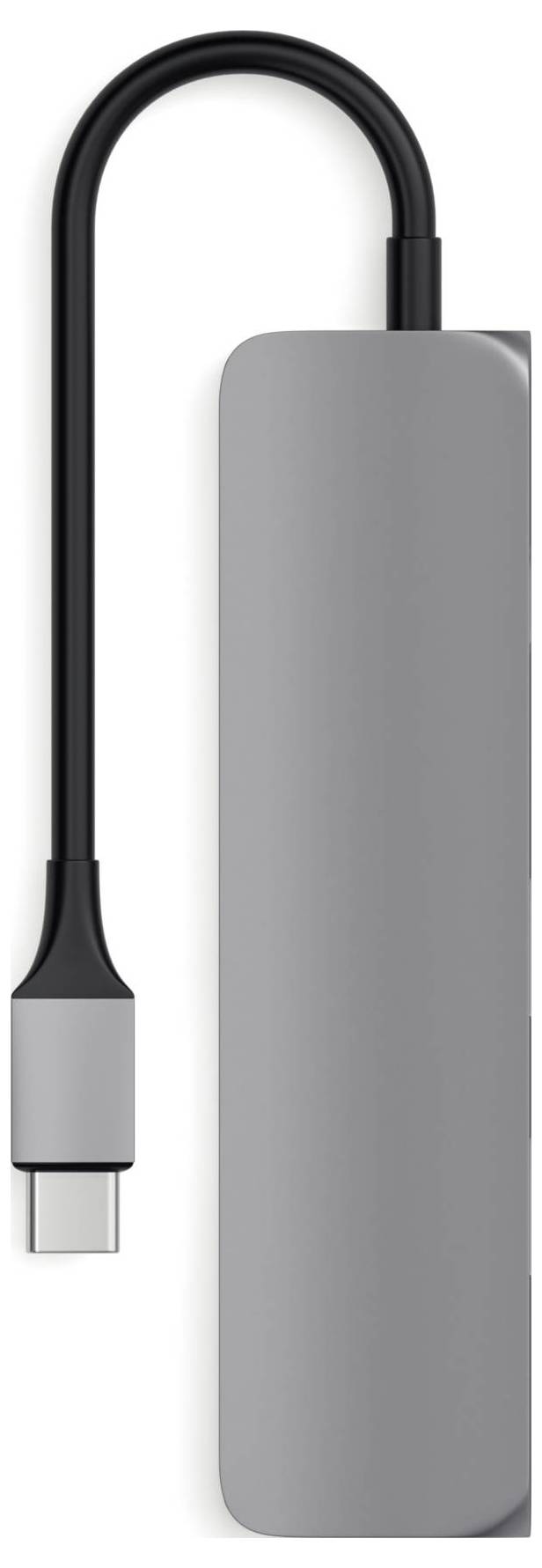 Ein grauer USB-C-Hub mit einem integrierten Kabel. Er hat mehrere Anschlussmöglichkeiten und ist für den Anschluss an Geräte geeignet.