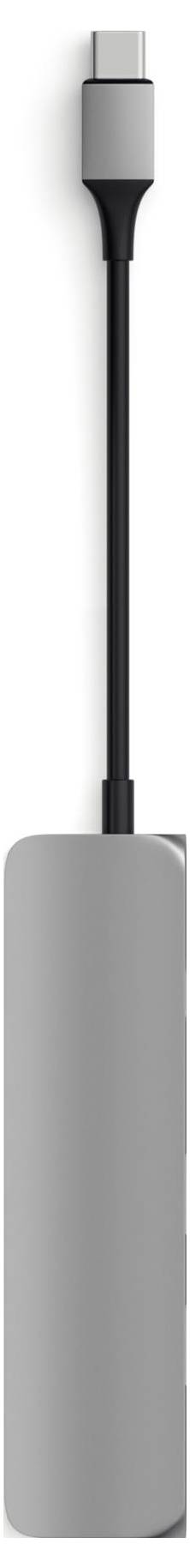 Ein grauer USB-C-Adapter mit einem Kabel und einem Stecker, der mit dem Anschluss an elektronische Geräte kompatibel ist.