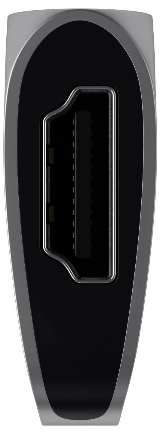 Nahaufnahme eines HDMI-Steckers, der detailliert die Form und die zentrale Anschlussöffnung zeigt.