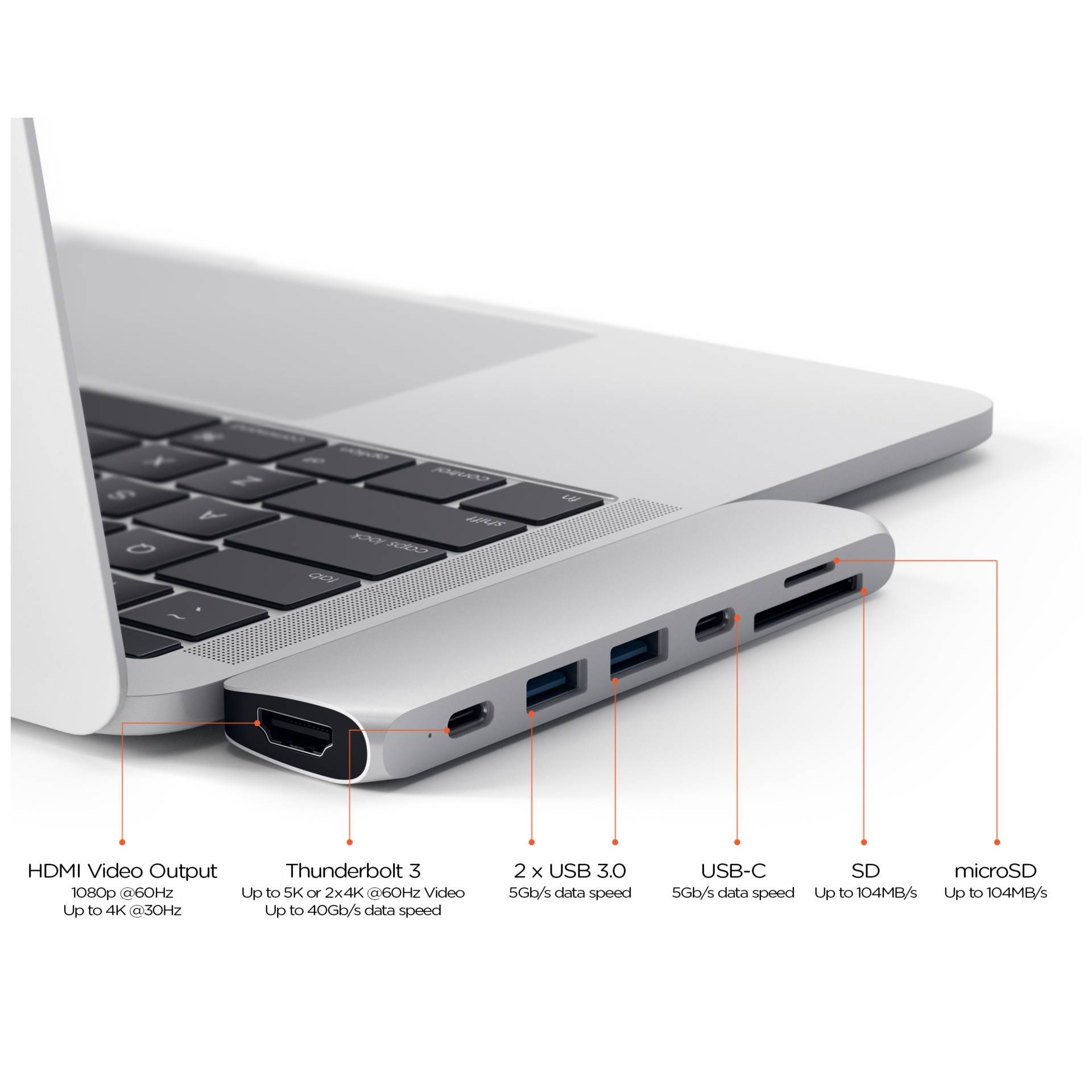 Ein Laptop zeigt verschiedene Anschlüsse: HDMI, Thunderbolt 3, 2x USB 3.0, USB-C, SD-Kartenleser und microSD, jeweils mit Geschwindigkeitsangaben.