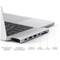 Ein Laptop zeigt verschiedene Anschlüsse: HDMI, Thunderbolt 3, 2x USB 3.0, USB-C, SD-Kartenleser und microSD, jeweils mit Geschwindigkeitsangaben.
