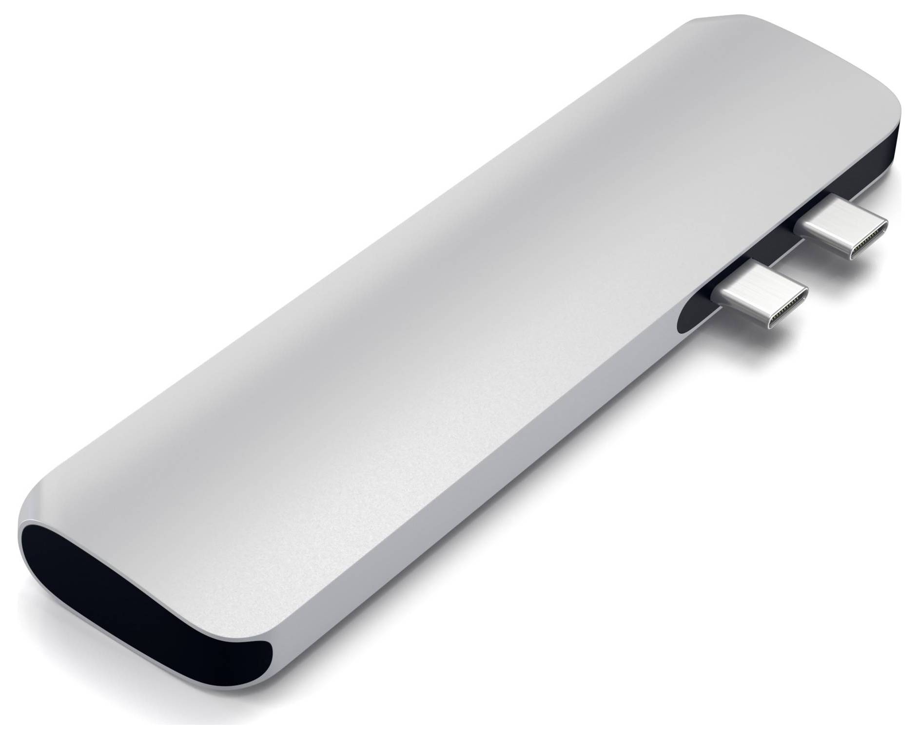 Silberner USB-C-Hub mit zwei Anschlüssen, schlankes Design. Ideal für erweiterte Konnektivität bei Laptops oder Tablets.