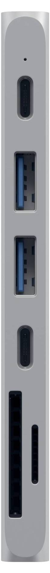 Seitenansicht eines Geräts mit mehreren Anschlüssen: zwei USB-Ports, ein SD-Kartensteckplatz und ein kleinerer zusätzlicher Steckplatz.