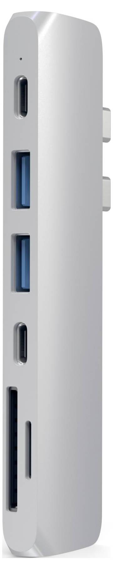 Silberner USB-C-Hub mit mehreren Ports: zwei USB-C, zwei USB-A und ein SD-Kartenleser. Ideal für vielseitige Konnektivität.